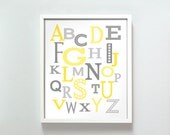 8x10 Modern Alphabet print in yellows, blues and grays