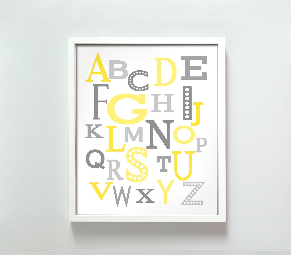 8x10 Modern Alphabet print in yellows, blues and grays
