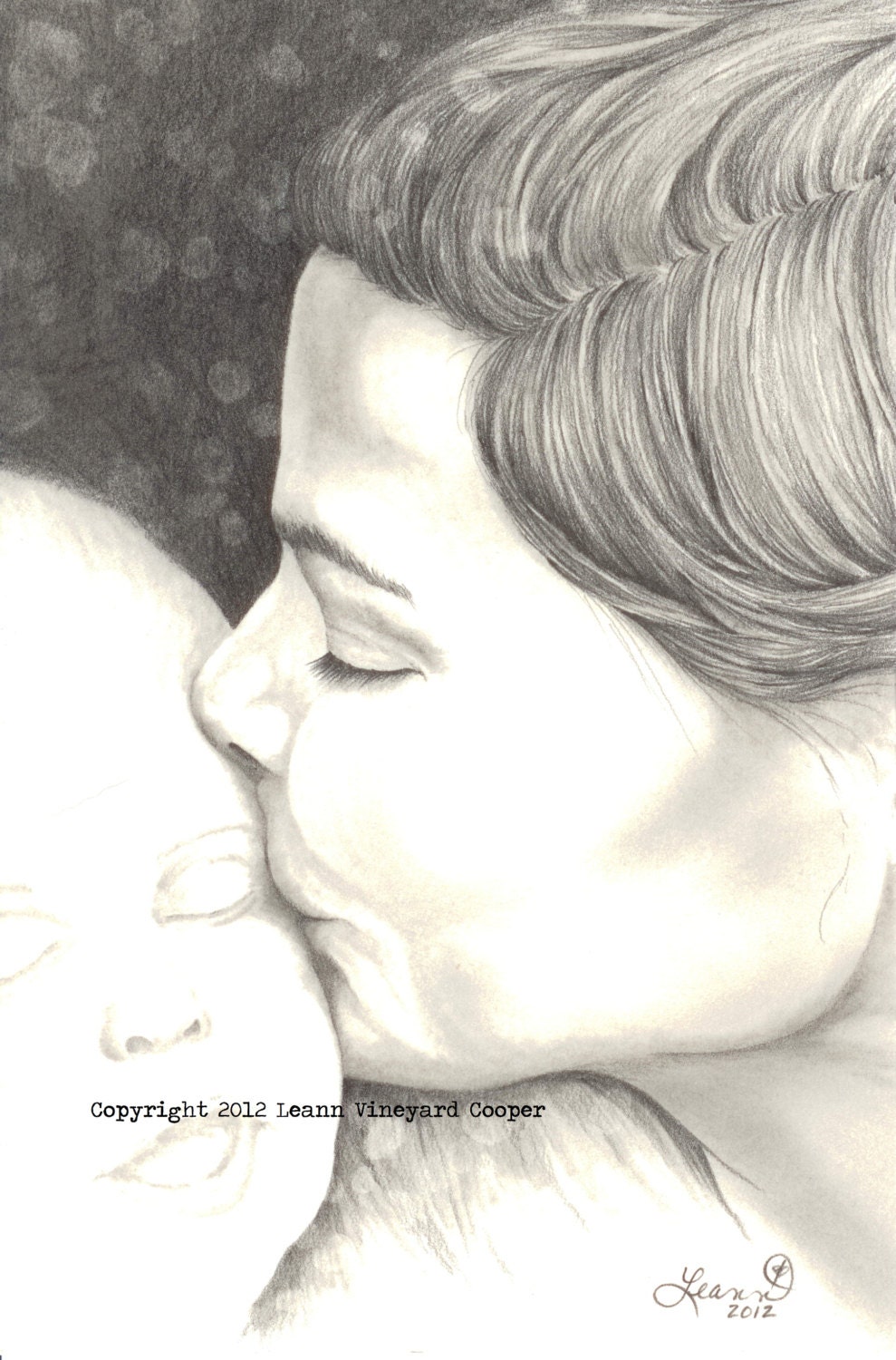 Mother kissing her child drawing, print - "A drawing about a mother's heart"