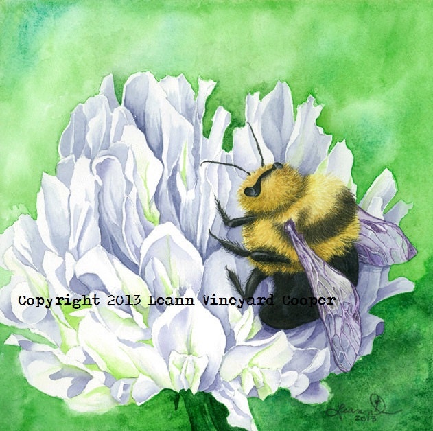 Bumblebee and white clover flower mixed media, "bee's knees" - note / greeting card