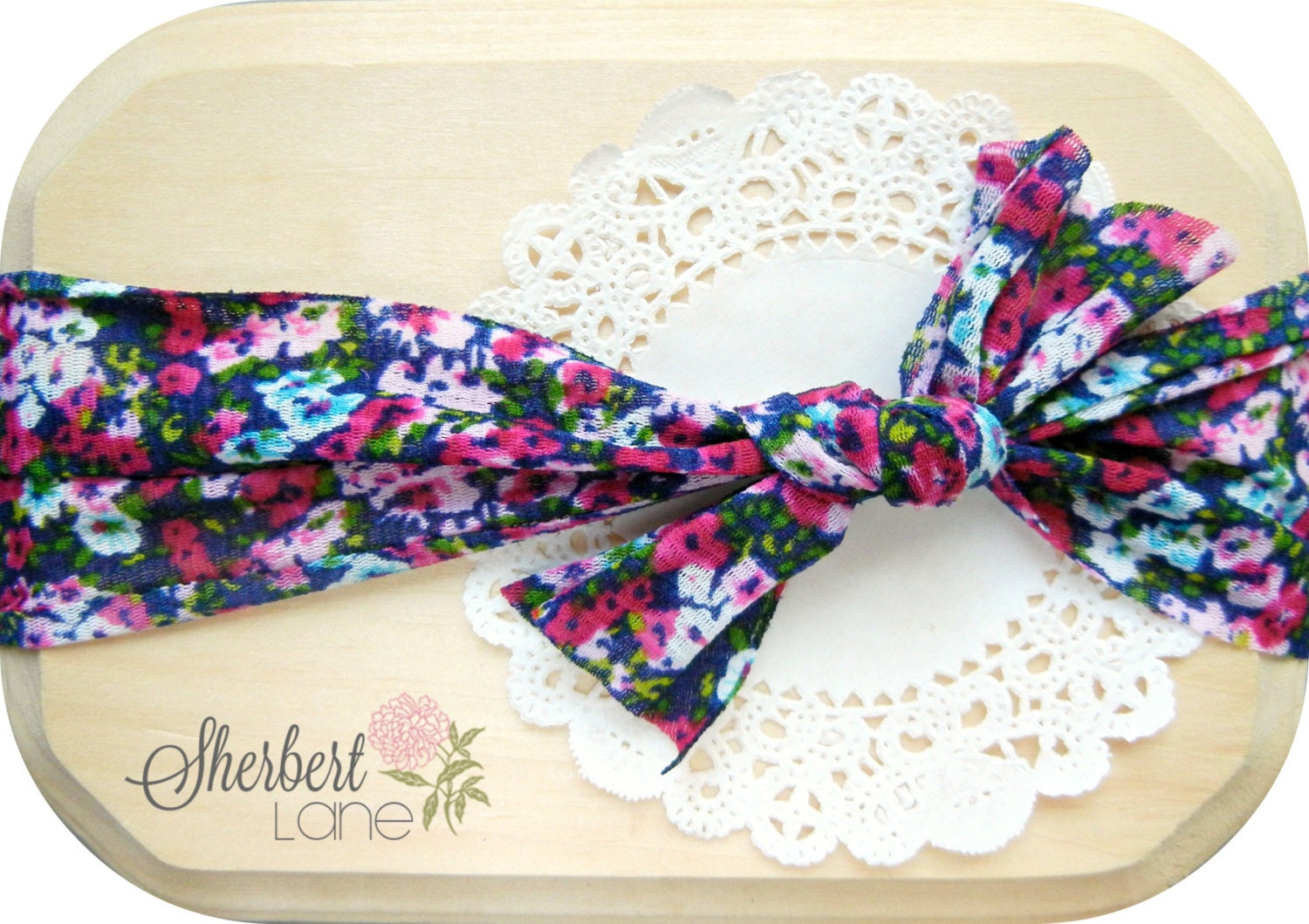 Boho Headband - Twisted Bow Headband - Teal Pink Navy Floral