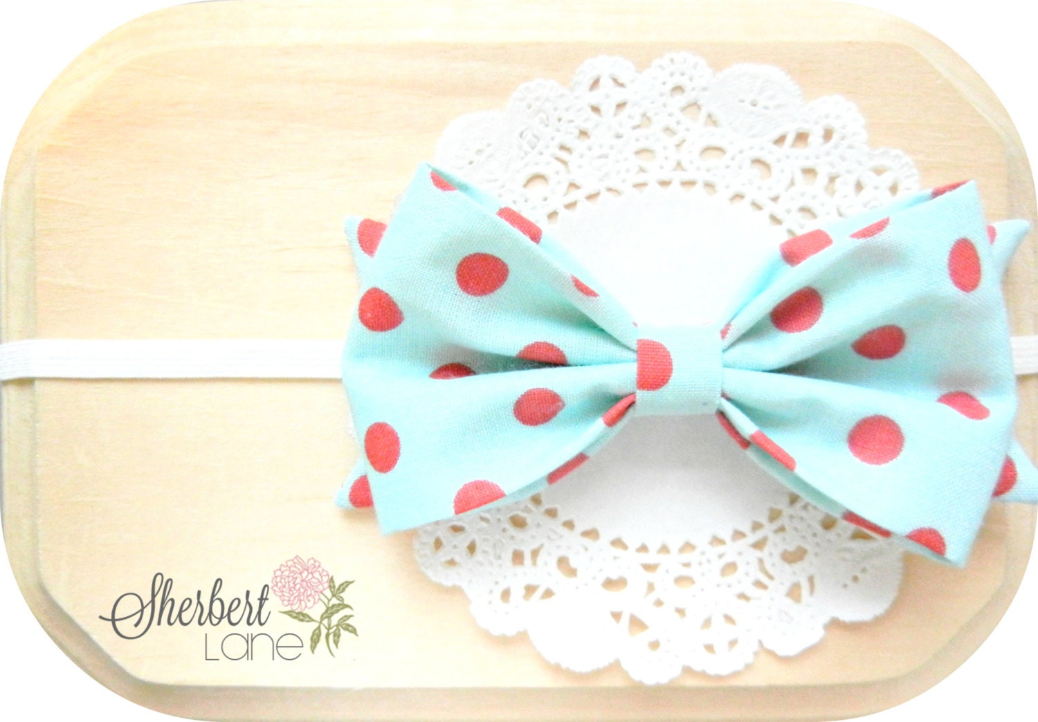 4th of July Headband - Mint and Red Dot Fabric Bow - Ivory Elastic