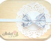 CLEARANCE - Baby Fabric Bow Headband or Hair Clip - Metallic Silver Fabric Bow - White Elastic