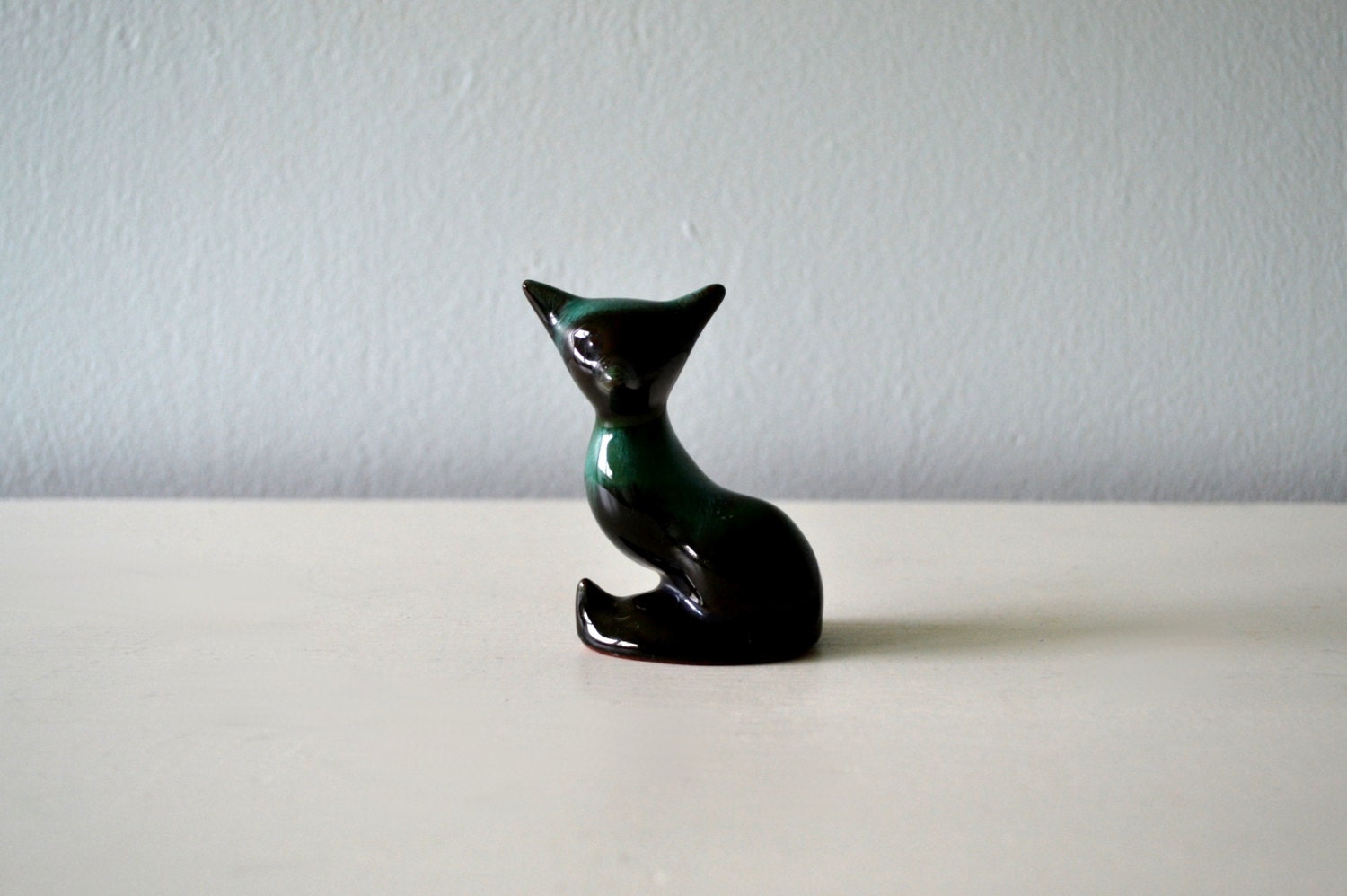 Vintage Fox Figurine, Cute Mottled Green and Black Woodland Animal Statue, Terra Cotta Ceramic Shelf Sitter