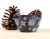 Hand Painted Stoneware bowl Navy Blue Winter Snowflakes Rustic ceramic  serving dish Oatmeal Desert Icecream bowl Minimal Kitchen Decor