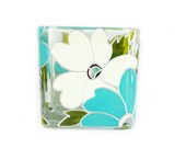 Hand Painted Glass Candle Holder Tea light candle holder hand painted glass stained glass  White and turquoise flowers aqua home decor