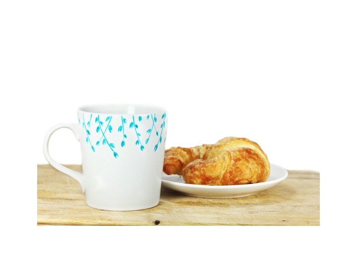 Hand Painted Ceramic Mug Tea Cup With turquoise botanical design Minimalist modern white coffee cup  Decorative Ceramic Art