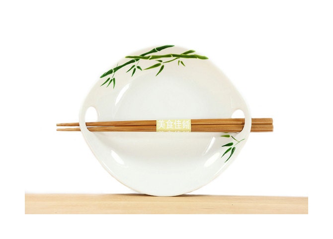 Hand painted  Serving Dish White ceramic With Chopstics Modern Asian Green Bamboo leaves botanical  Design Plate Kitchen Decor Minimal