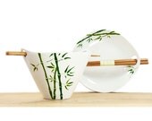 Hand Painted Ceramic Noodle Bowl With chopsticks green bamboo leaves botanical design modern minimalist white kitchen decor serving dish