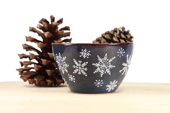 Hand Painted Stoneware bowl Navy Blue Winter Snowflakes Rustic ceramic  serving dish Oatmeal Desert Icecream bowl Minimal Kitchen Decor