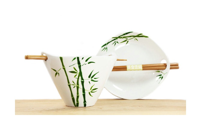 Hand Painted Ceramic Noodle Bowl With chopsticks green bamboo leaves botanical design modern minimalist white kitchen decor serving dish