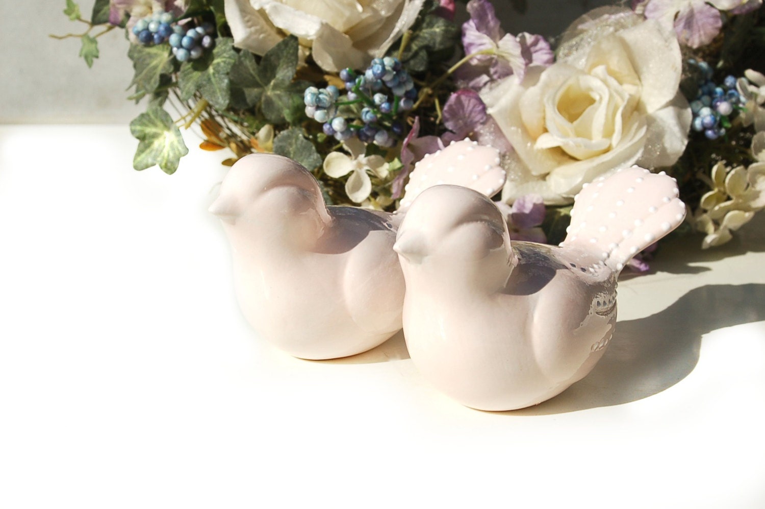 Bird Wedding cake toppers of two love birds in light pink color ceramic comes in pair