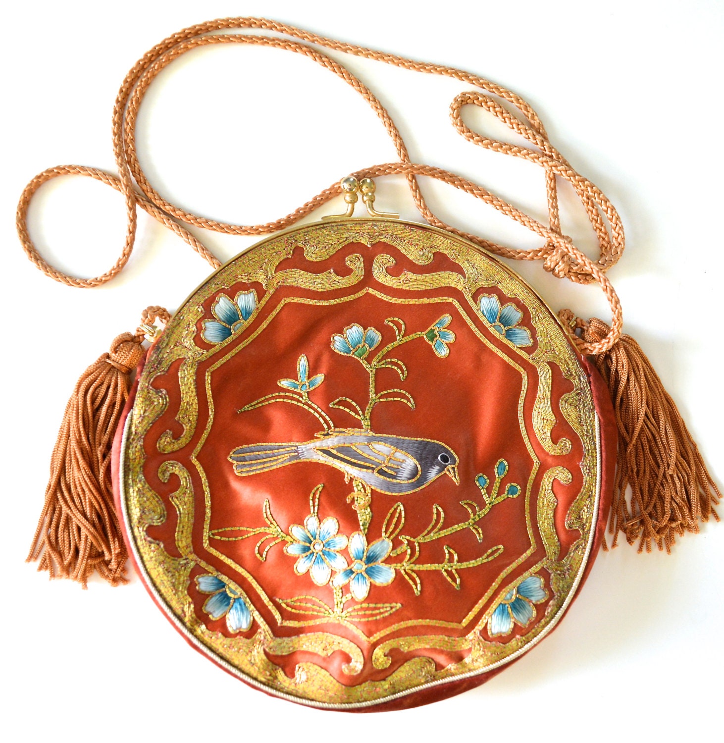 50s Silk Bird Bag/ Tassel, Lame Embroidery/ Canteen shape/ Asian 1950s-60s Pastel