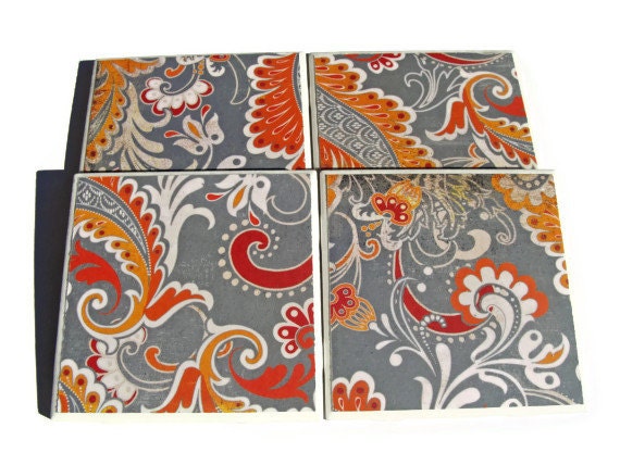 Orange Gray Paisley Handmade Tile Coasters Set of 4, Distressed Vintage Floral Drink Coasters Beverage Coasters