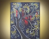 Original tree painting grey red yellow 16x20