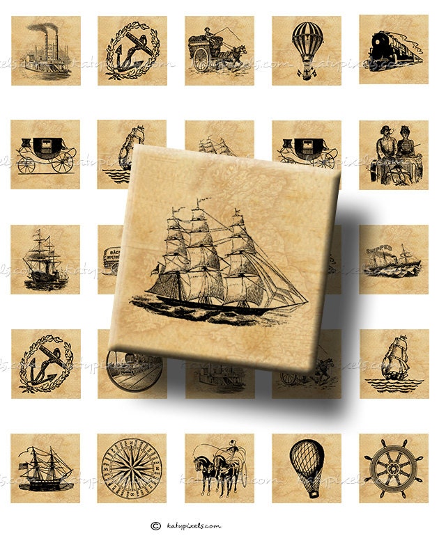 Vintage Transportation 1x1 inch Printable Squares Digital Collage Sheet - Buy 3 Get 1 Free