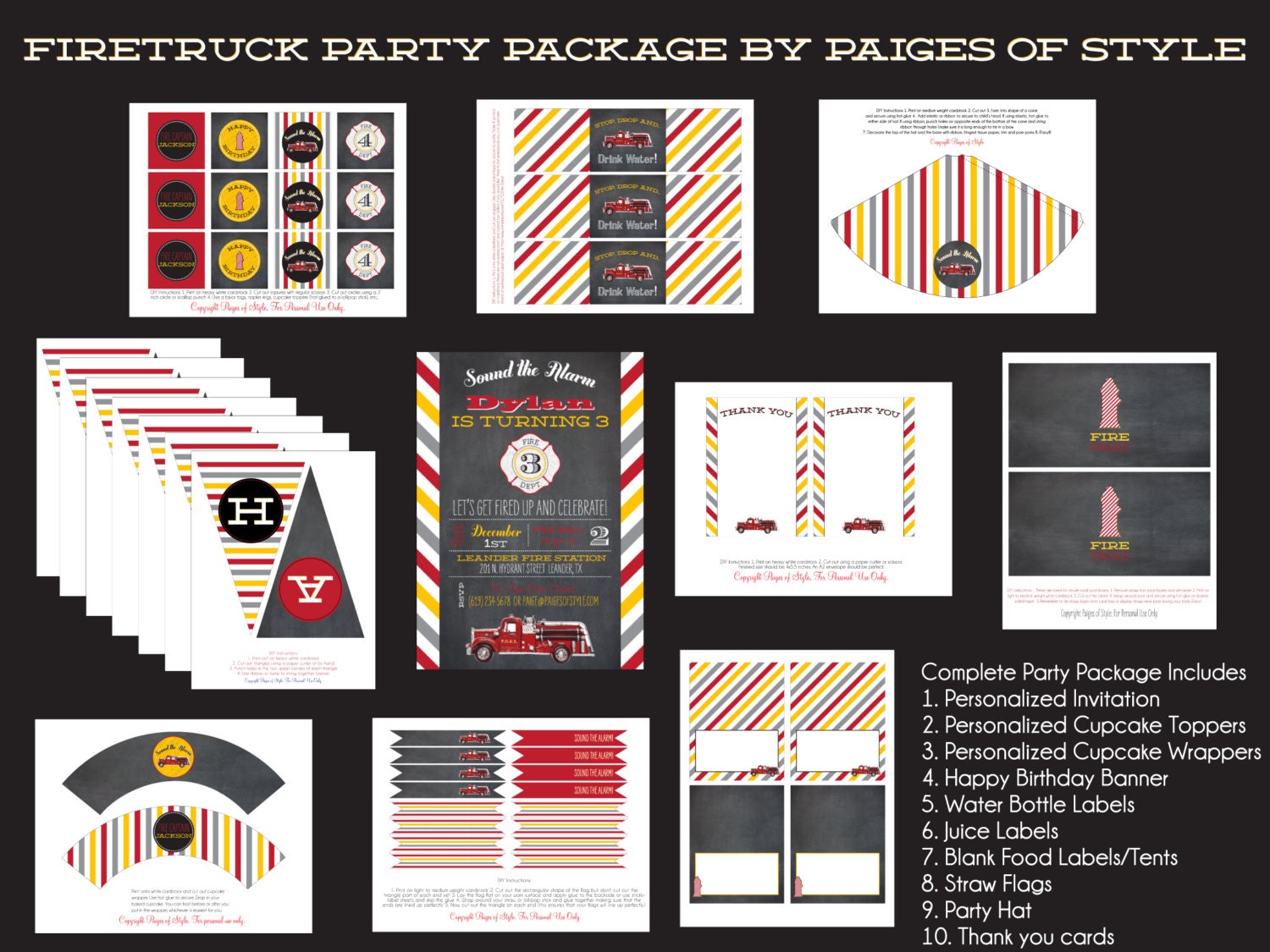 Firetruck Birthday Party Package- Printable