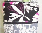 Small Sling Hip Crossbody Shoulder Messenger Bag -- Grey Damask with Black/White/Grey/Pink - Adjustable Strap and Exterior Pocket