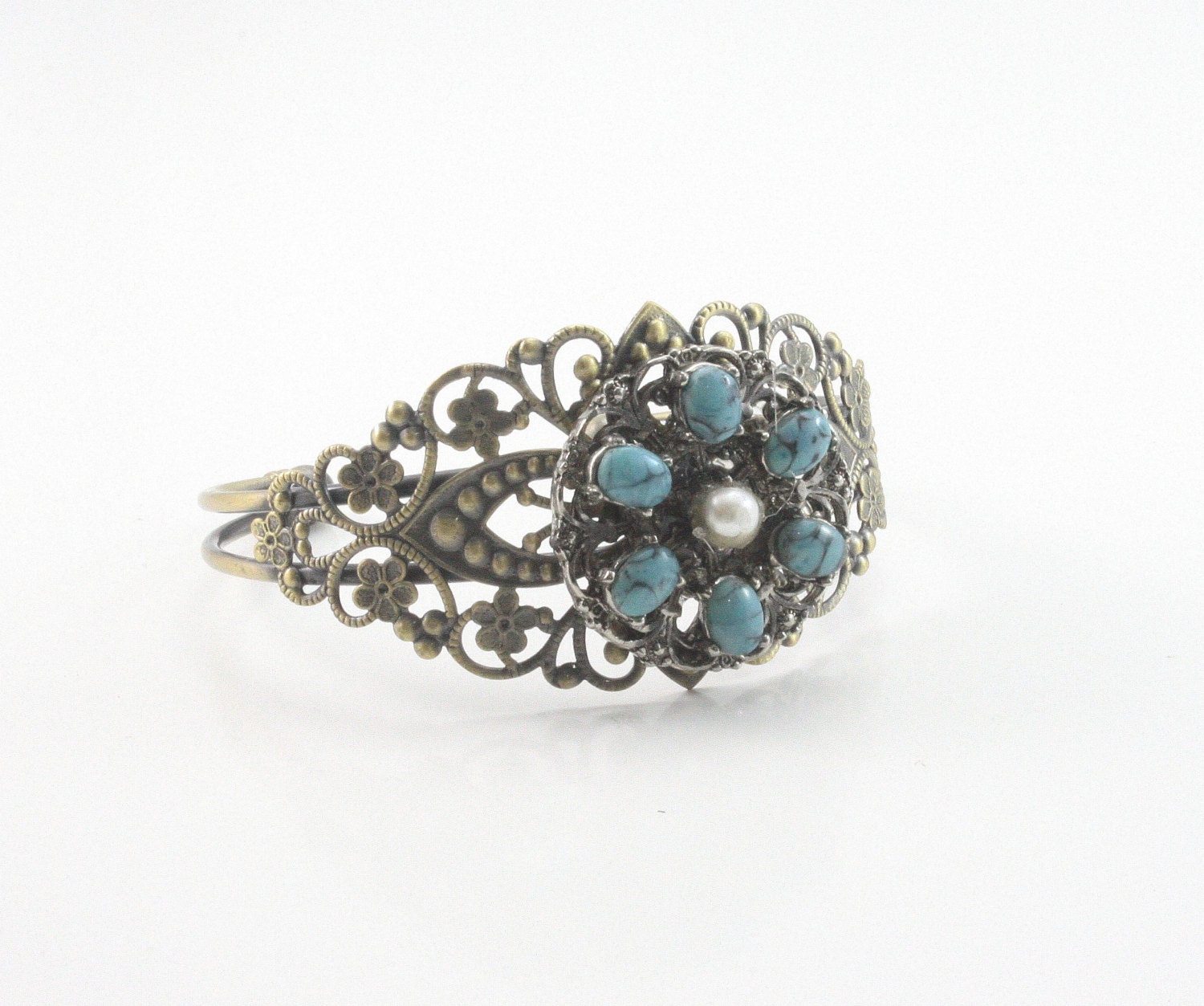 Vintage earring cuff bracelet . Recycled jewelry.  Boho turquoise flower.  One of a kind. Free international shipping