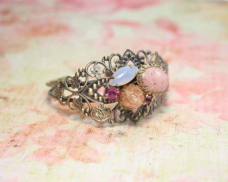 Vintage earring cuff bracelet . Recycled jewelry.  Colourful Stones.  One of a kind. Free international shipping