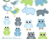50% Off Sale Owl Clip Art Hippo Clip Art Frog Clipart Bird Clip Art Baby Boy Colors Digital Scrapbooking Commercial Use (668)