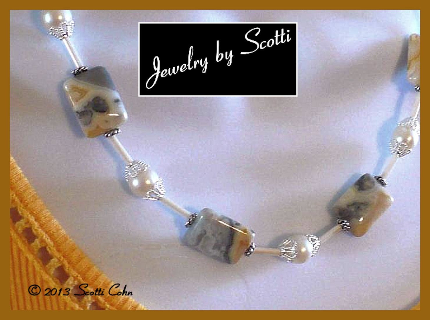Yellow Gray Crazy Lace Agate Pearl Necklace