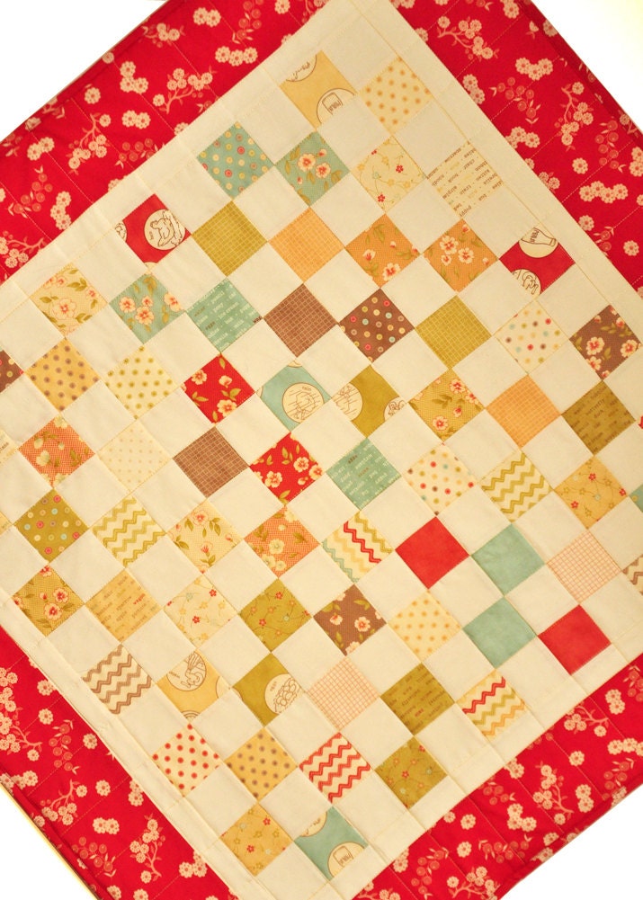 Quilted Table topper Table runner Square Patchwork Farmhouse Style Red and Cream Fig Tree Fabrics