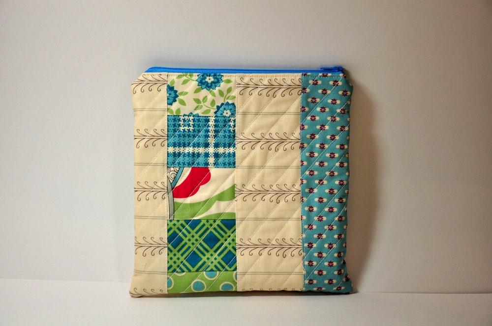 Makeup Pouch Pencil Case Modern Patchwork Blue and Beige Urban Chicks