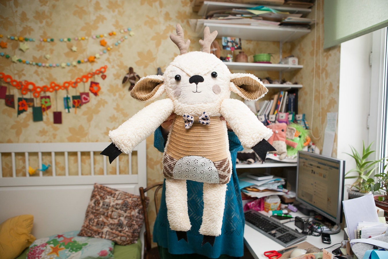 Deer with the hand embroidered flowered face . Soft art toy by Wassupbrothers. MADE TO ORDER