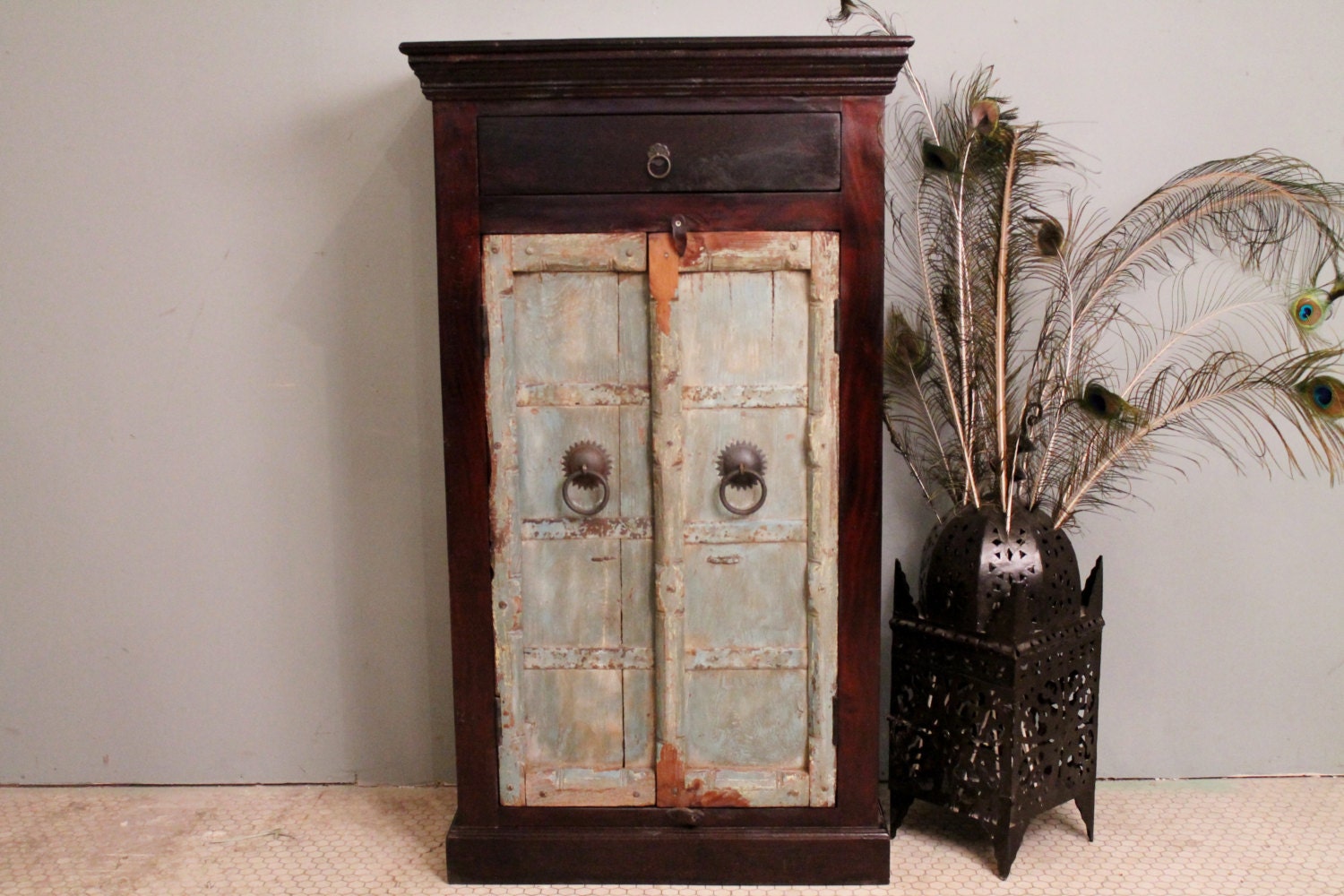 SALE Repurposed Antique Indian Distressed Blue Wood/Iron Door Storage Cabinet