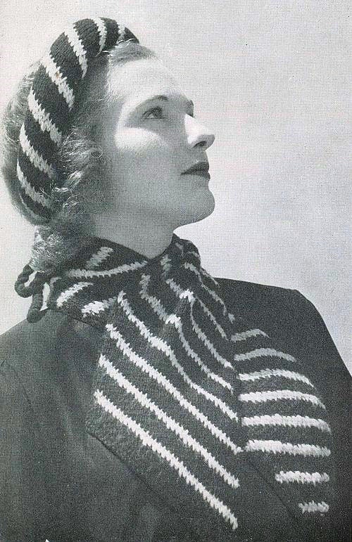 1940s Vintage Knitted Crocheted Hat Headroll Headband Hairband  Bandeau and Deco Style Scarf PDF Knitting Crochet Pattern Film Noir Style