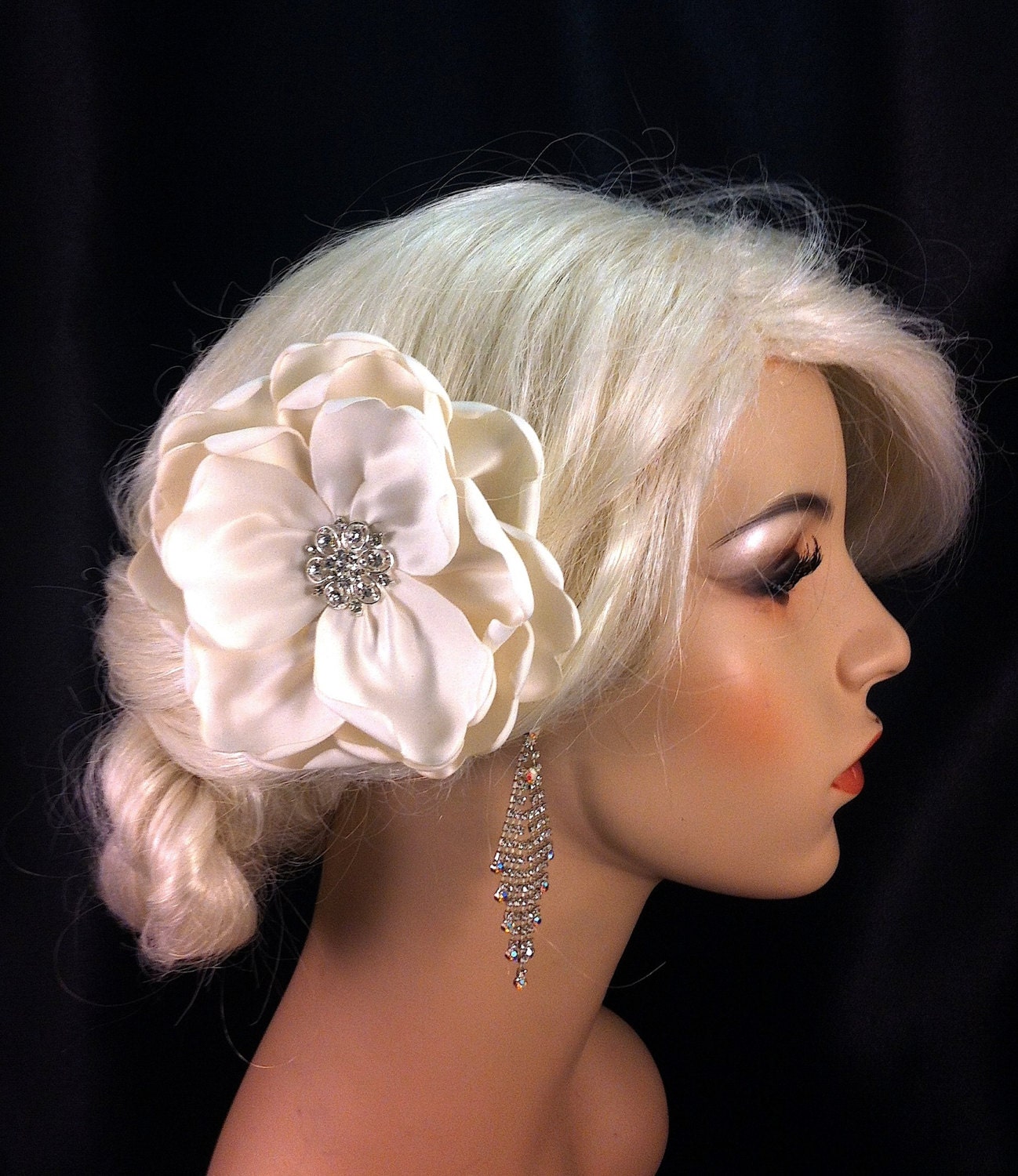 My Wedding Day Ivory Rose - Handmade Ivory or Champagne Bridal Flower Fascinator with Elegant Rhinestone Center, Hair