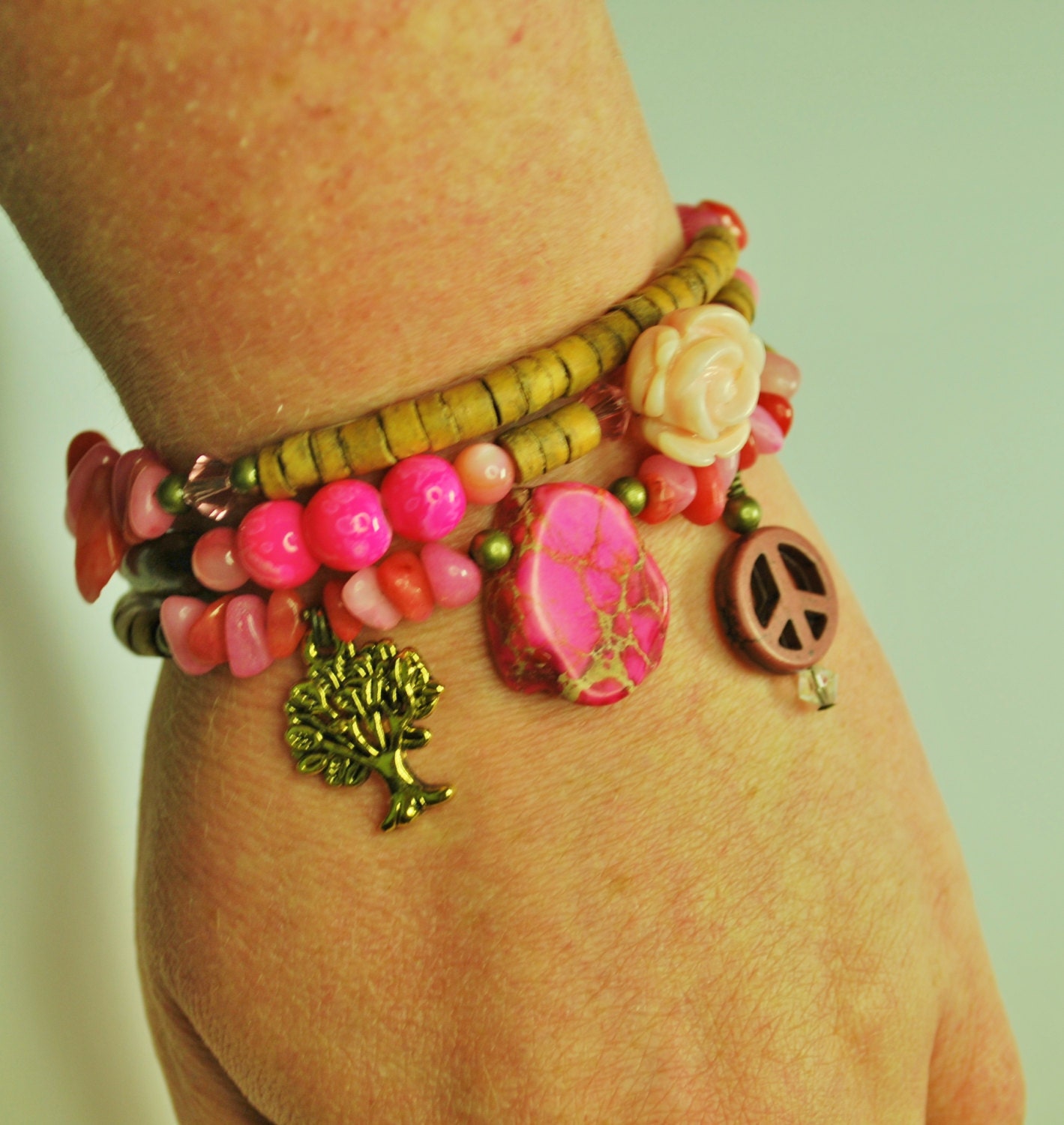 Three Strand PINK Bohemian Charm Bracelet Free US Shipping