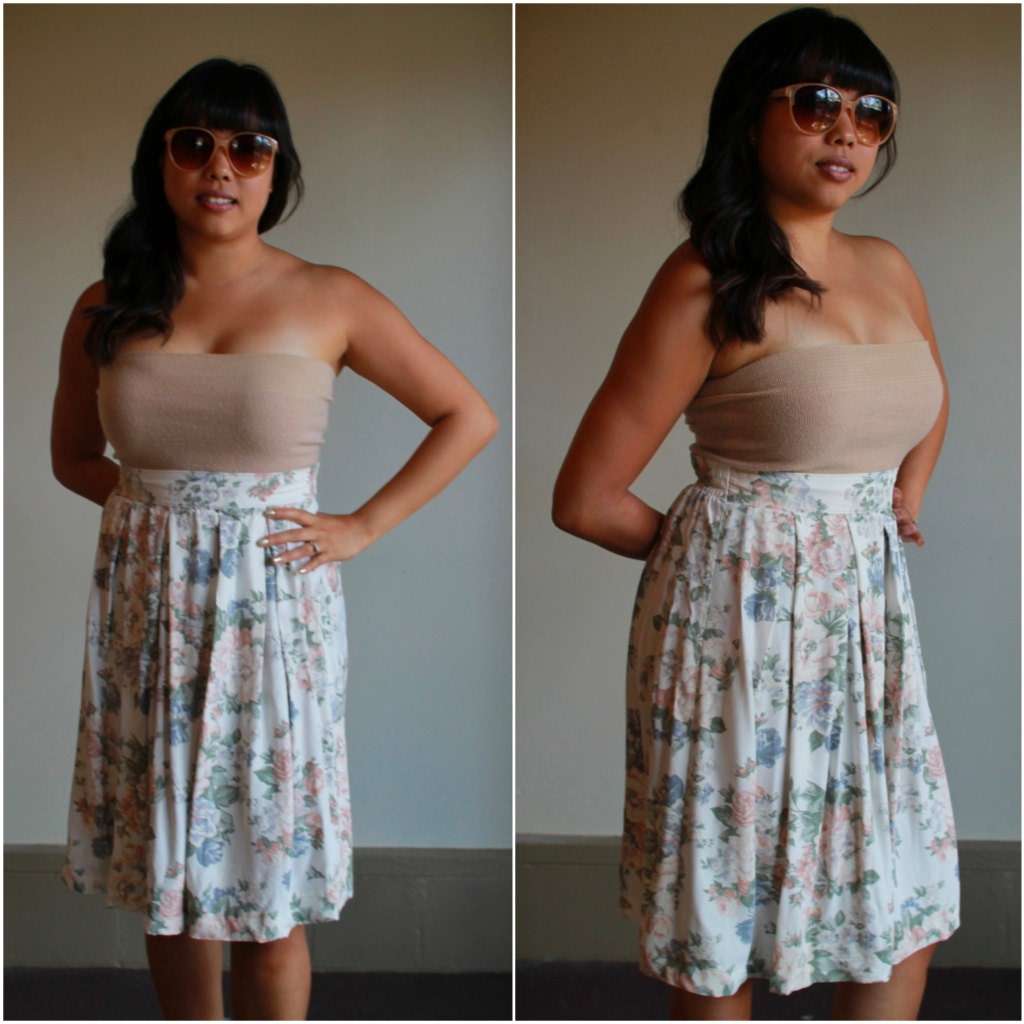 High Waisted Pleated Skirt  /  Floral Print Pastel High Waist Knee Length Skirt  /  Vintage 80s 1980s  /  S M