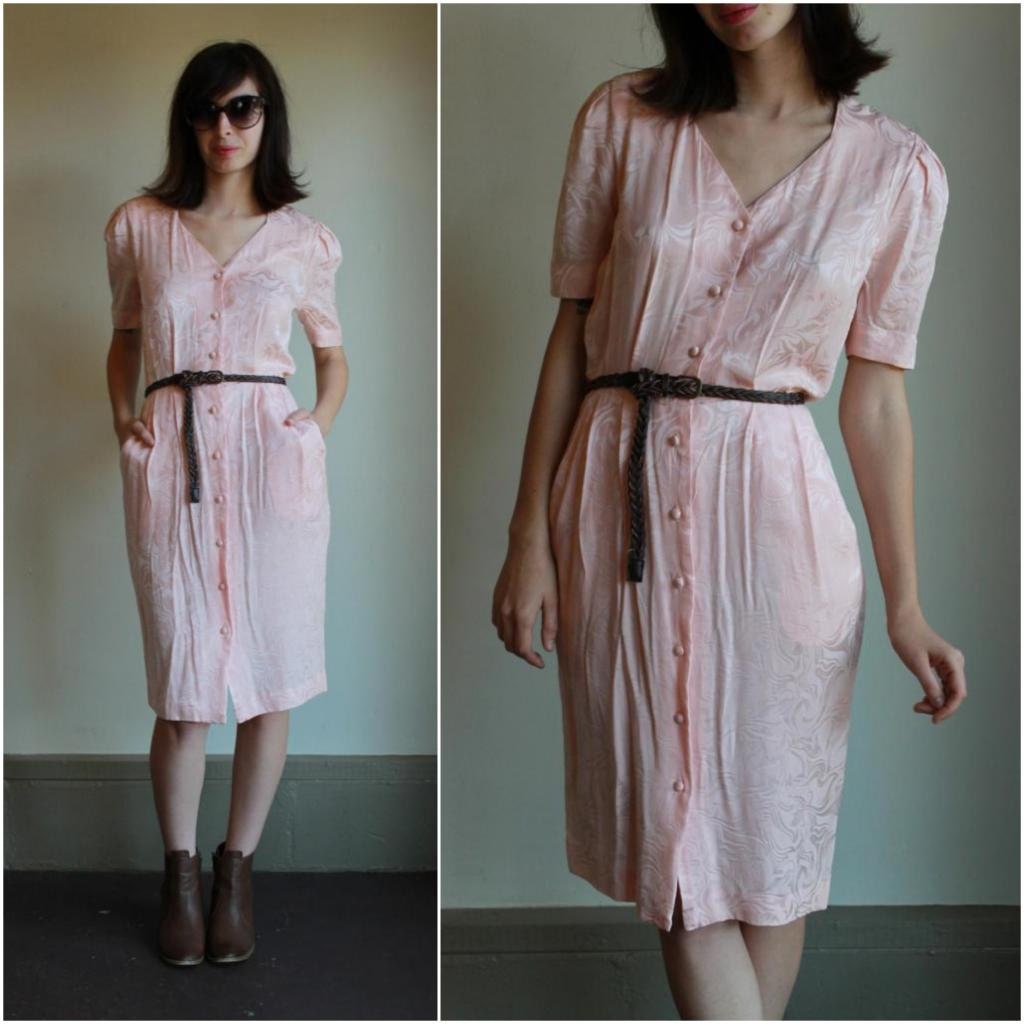 Vintage 80s Dress  /  Silk Pastel Pink Pleated Secretary Floral Print Dress  /  Pencil Cut V Neck Button Up  /  Small S Medium M