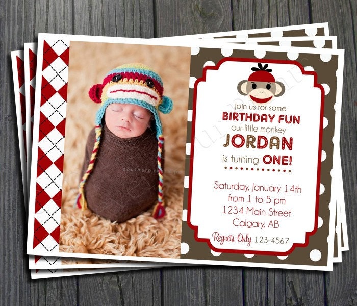 Sock Monkey Birthday Invitation - FREE Thank You Card included Il_570xn