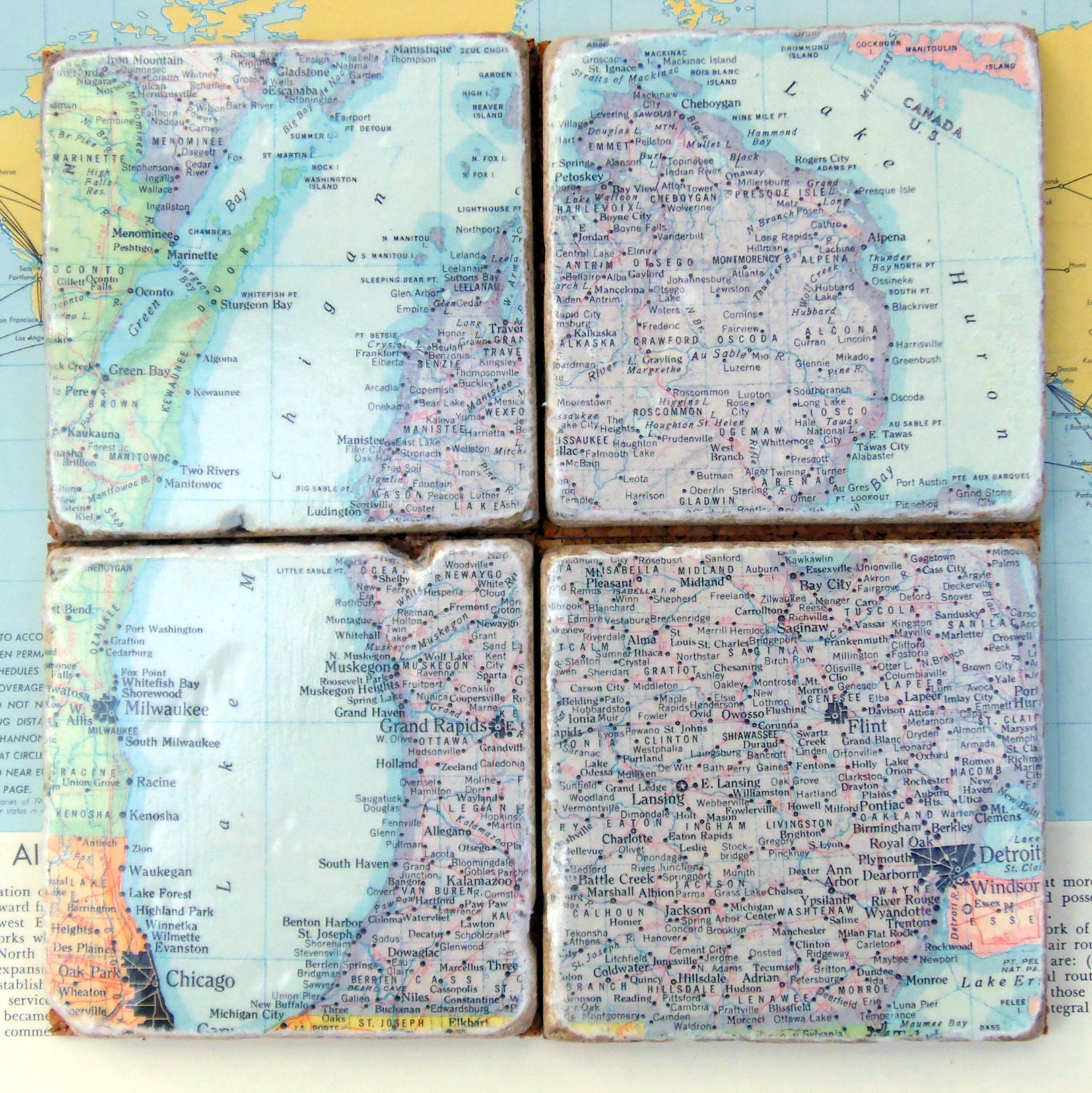 Michigan Map Rustic Coasters, Four pack