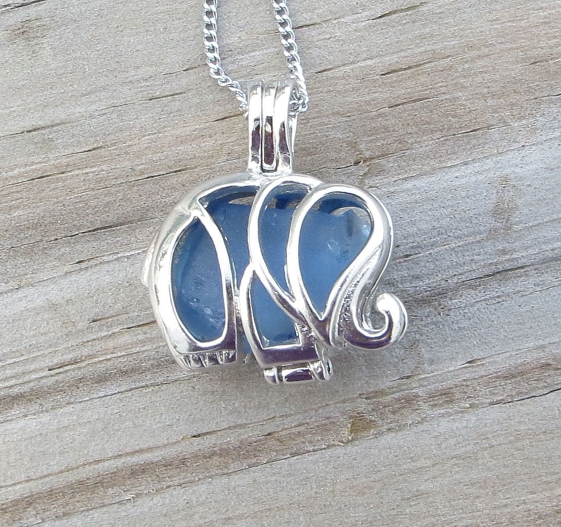 Sea Glass Elephant Locket Blue With Chain 16 Inch