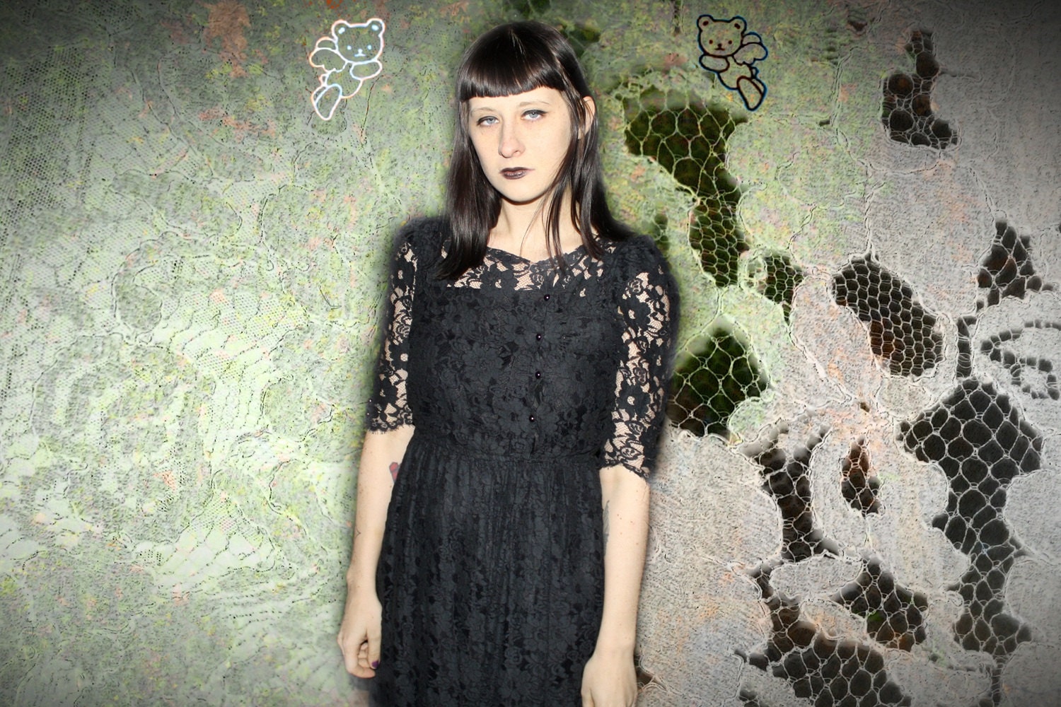 Vintage 70s BLACK LACE DRESS size medium