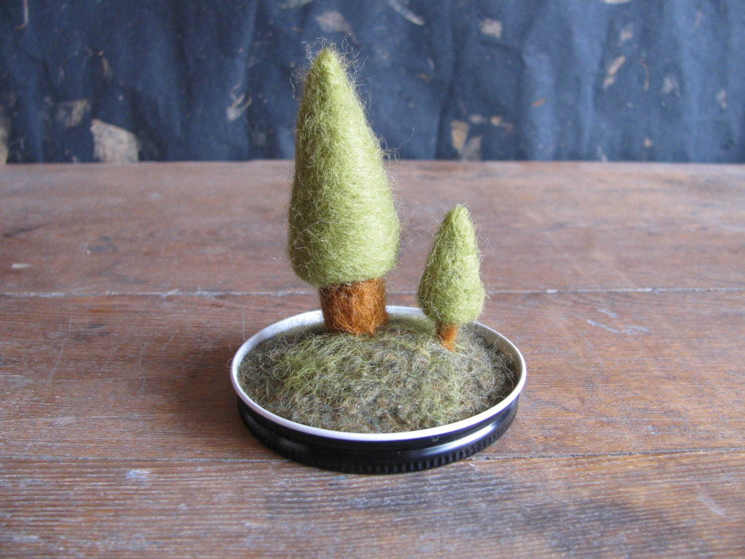 Felted wool garden, two trees in an upcycled lid, black