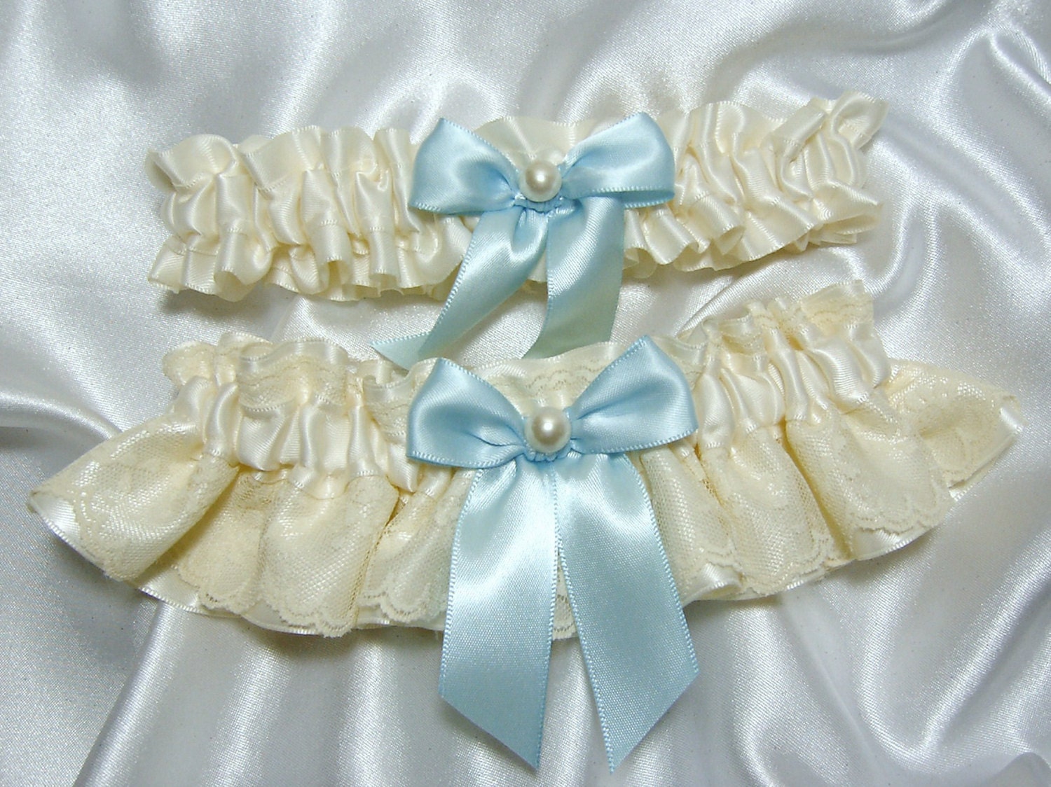 Heirloom Something Blue Wedding Garter Set - Satin and Lace - Light Blue Bow and Pearl - White or Ivory - Plus Size Too