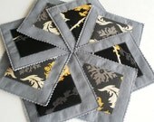 Modern Aviary and Damask Coasters in Granite, Goldenrod and Charcoal