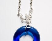 Cobalt Blue  Wine Bottle Glass with Silver Bird Charm