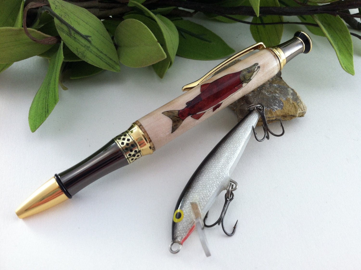 Personalized Mighty Salmon Wood Inlay Fisherman Outdoor's Men Writing Pen - Free Engraving