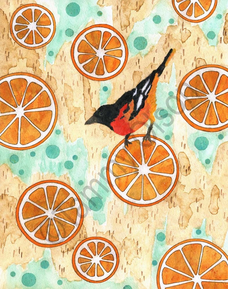 Bird painting, oriole, oranges, mixed media collage, painting, 8 x 10 limited edition print 2/250 "O', Oh, Oriole"