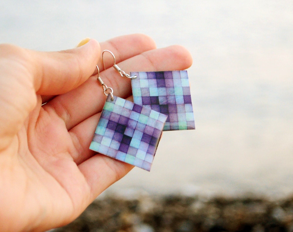 Geomertric earrings  - purple earrings, square earrings, geometry jewelry, violet green, gift idea for her - made to order