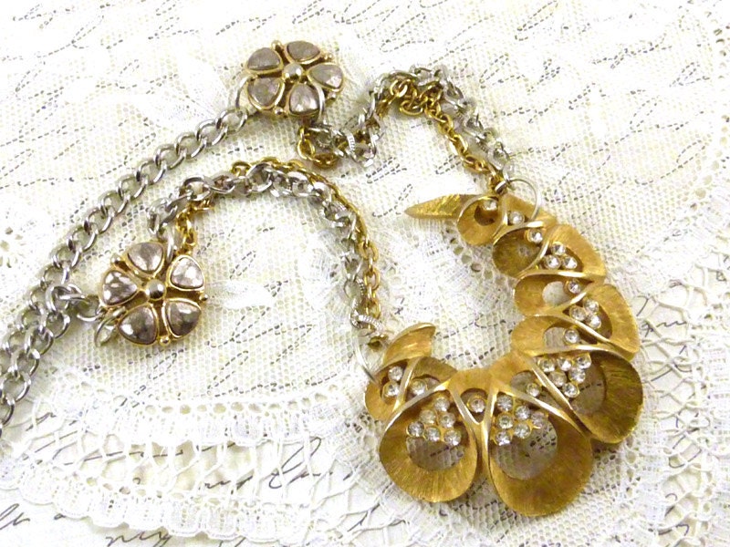 Vintage Repurposed Goldtone Brooch Necklace Rhinestones Flower Silver Mixed Metal Gold Pin One of a Kind OOAK