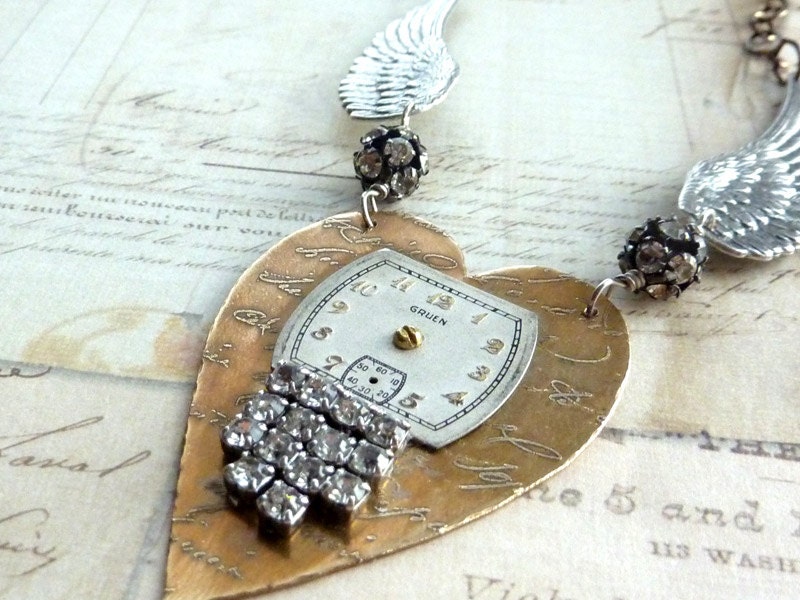 Winged Heart Necklace Steampunk  Repurposed Vintage Watch Face Rhinestones Etched BrassSilver Angel Wings