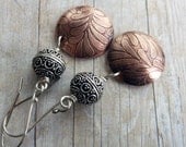 Mixed Metal Drop Earrings Etched Copper Domed Discs Silver Boho Style