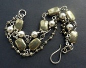Pyrite Bracelet Triple Strand Silver Beads Fools Gold